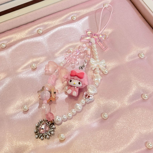exclusive collection✨ sanrio piano phone strap 💗 with pearl and pink silver crystal heart 💓